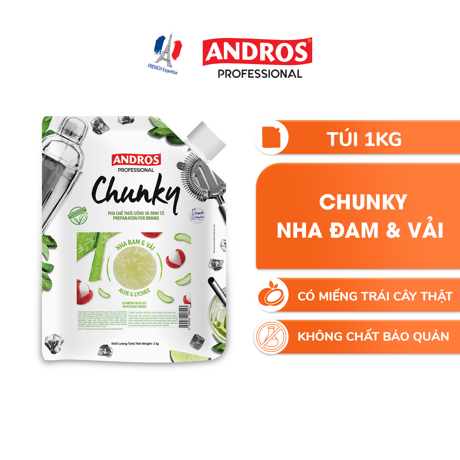 Mứt Trái Cây Pha Chế Nha Đam &amp; Vải - Có Miếng Trái Cây Thật - ANDROS CHUNKY - 1KG