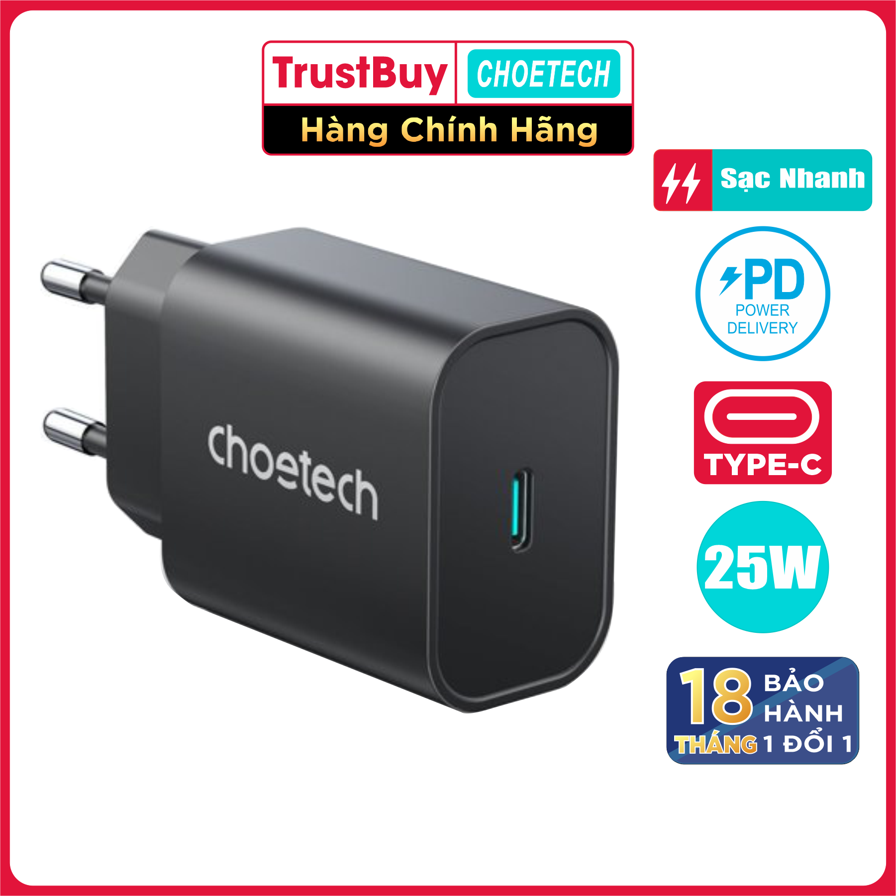 Adapter Củ Sạc Nhanh Type C 25W PPS PD3.0 CHOETECH PD6003 Sạc Nhanh iPhone, iPad Samsung, Vivo, Xiaomi, Oppo - Hàng Chính Hãng