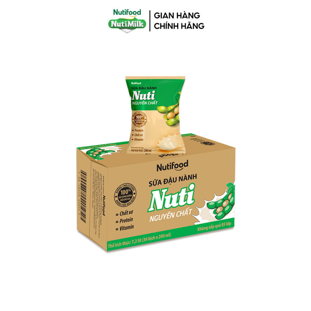 Thùng Sữa Đậu Nành Nutimilk Nguyên Chất 200ml (Bịch 200ml x 36) - Bổ Sung Dinh Dưỡng Từ Hạt Đậu Nành