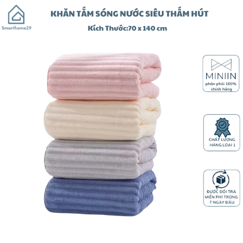 Khăn Tắm Sóng Nước Siêu Thấm Hút – Khăn Mặt Sợi Cuộn To, Kích Thước 70x140cm, Chất Liệu Cao Cấp, Dày Dặn, Không Rụng Lông - HÀNG CHÍNH HÃNG MINIIN