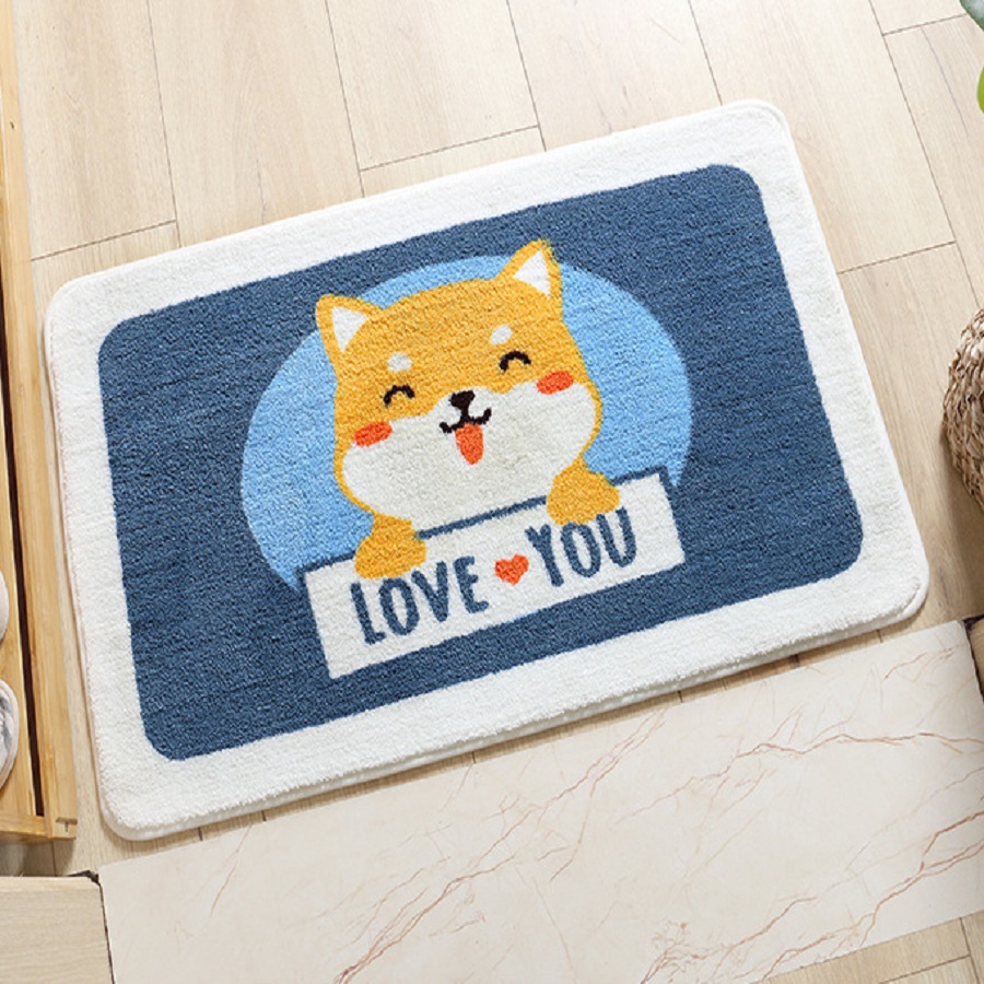 Thảm Lau Chân Lông Xù Chống Trượt Hình Chó Shiba Love You 45x65cm