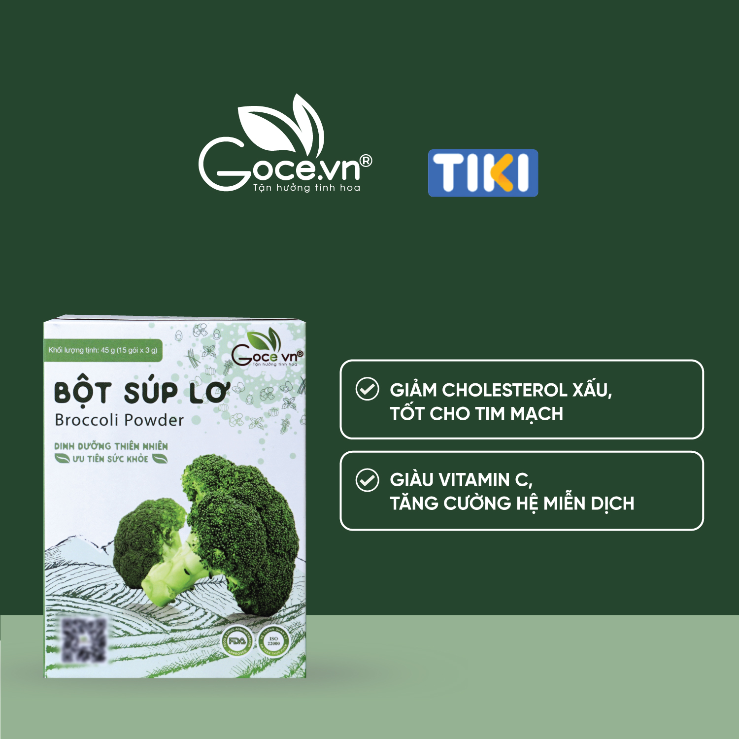 Bột súp lơ nguyên chất Goce (Bông cải xanh) - 45g (15 gói x 3g) ST