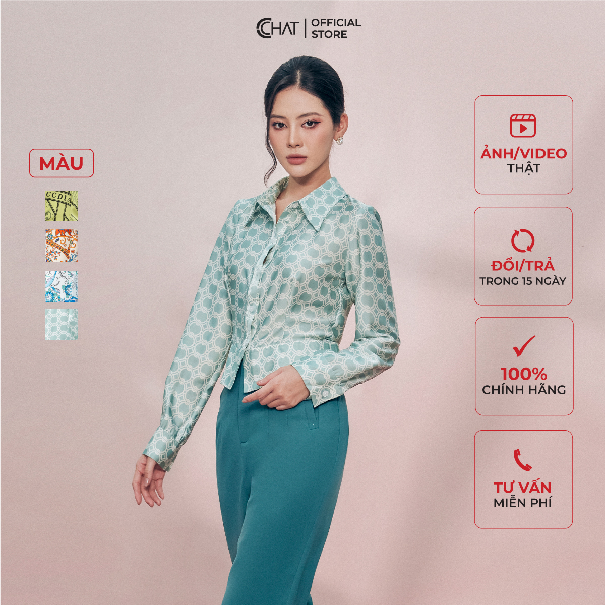 Áo Sơ Mi Nữ CCHAT Phối Họa Tiết Chất Lụa Cao Cấp 22FDL5007OT