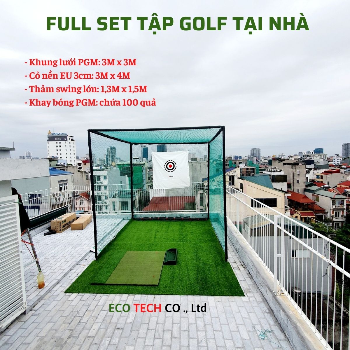 FULL SET tập Golf tại nhà PGM: Khung lưới+Cỏ Rough nền+Thảm Swing lớn+Khay bóng