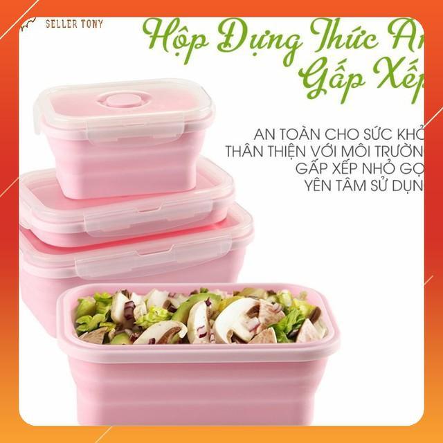 Bộ 3 hộp đựng thức ăn Silicon xếp gọn Baby hồng phần