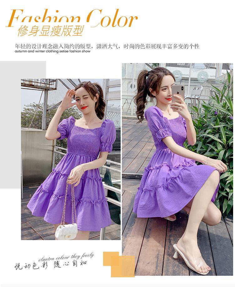 DIYIWEI Phụ nữ mùa hè 2023 Square Neck Pleated Bubble Sleeve Thu hẹp eo Khoai tây tím Vintage Pháp Orange Terrier Dress