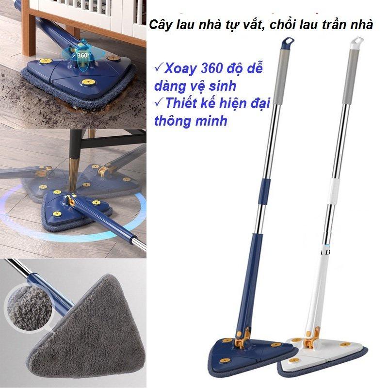 Chổi lau nhà TAM GIÁC, cây lau nhà tự vắt, lau kính cán dài 135cm chắc chắn tiện ích, đầu bông lau mềm mịn