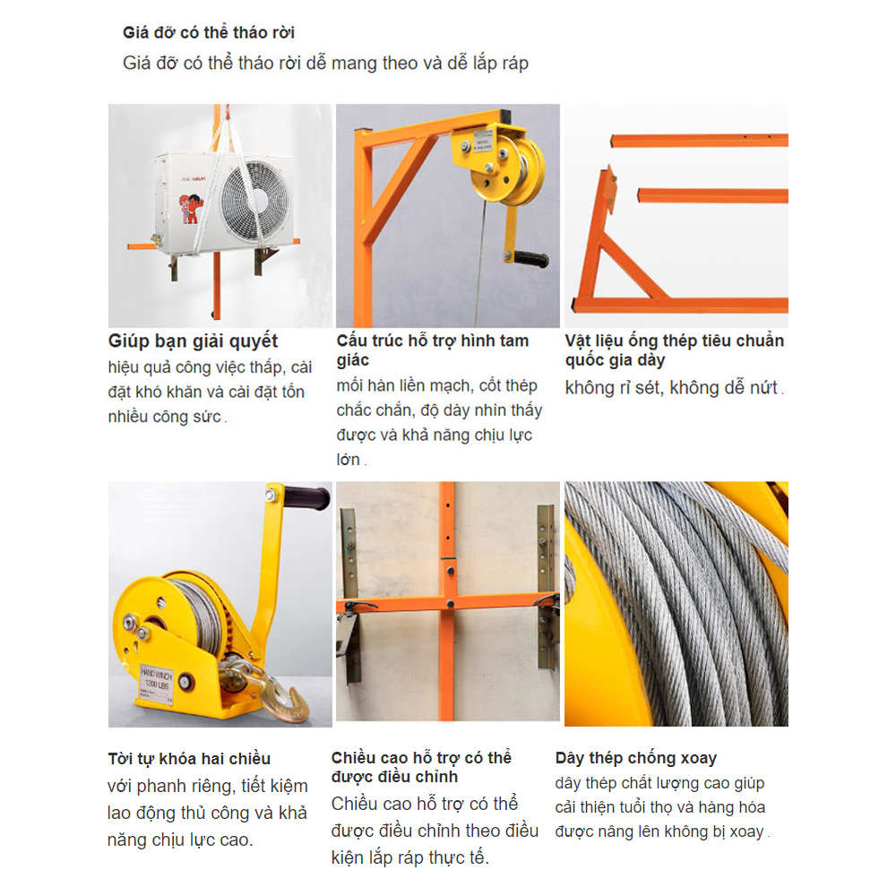 Tời Nâng Cục Nóng Điều Hòa ABG Bộ Tời Quay Tay Tự Hãm, Có Đảo Chiều Và Khung Nâng Hạ Dàn Nóng Điều Hòa