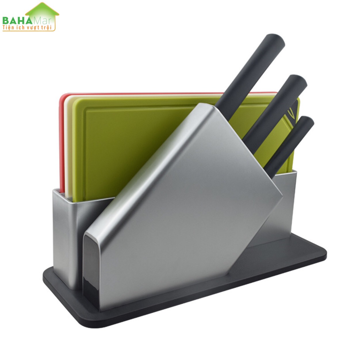 BỘ DAO THỚT PHÂN LOẠI SỬ DỤNG THỰC PHẨM AN TOÀN "BAHAMAR" Cùng bộ 3 dao bằng thép không gỉ tương ứng với 3 thớt theo cùng màu sắc thể hiện.