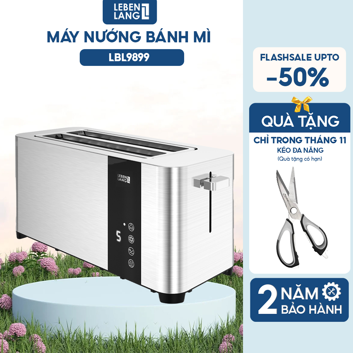 Máy nướng bánh mì Lebenlang LBL9899, dùng hâm nóng, nướng bánh mì sandwich, công suất 850W, bảo hành 2 năm - hàng chính hãng