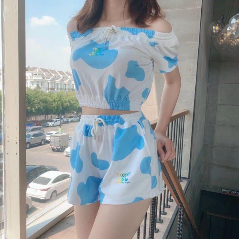 Đồ bộ bò sữa 3 màu trễ vai siêu cute