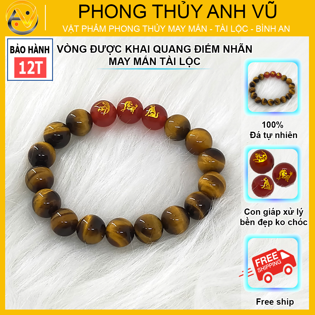 Vòng tay phong thủy mệnh thổ tam hợp dần ngọ tuất - chất liệu mắt hổ tự nhiên - size 8 10 12ly - có khai quang điểm nhãn - may mắn tài lộc - PHONG THỦY ANH VŨ