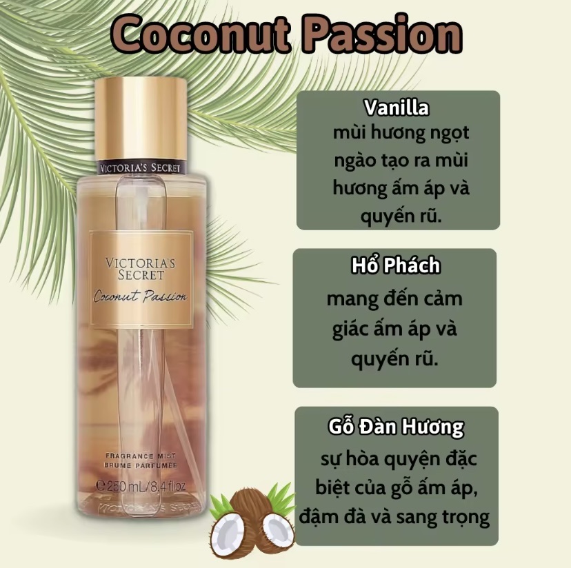 Victoria Secret Coconut Passion Chính Hãng - Body Mist Victoria Secret Coconut Passion 250ml &amp; Lotion Victoria Secret Coconut Passion 236ml Chính Hãng