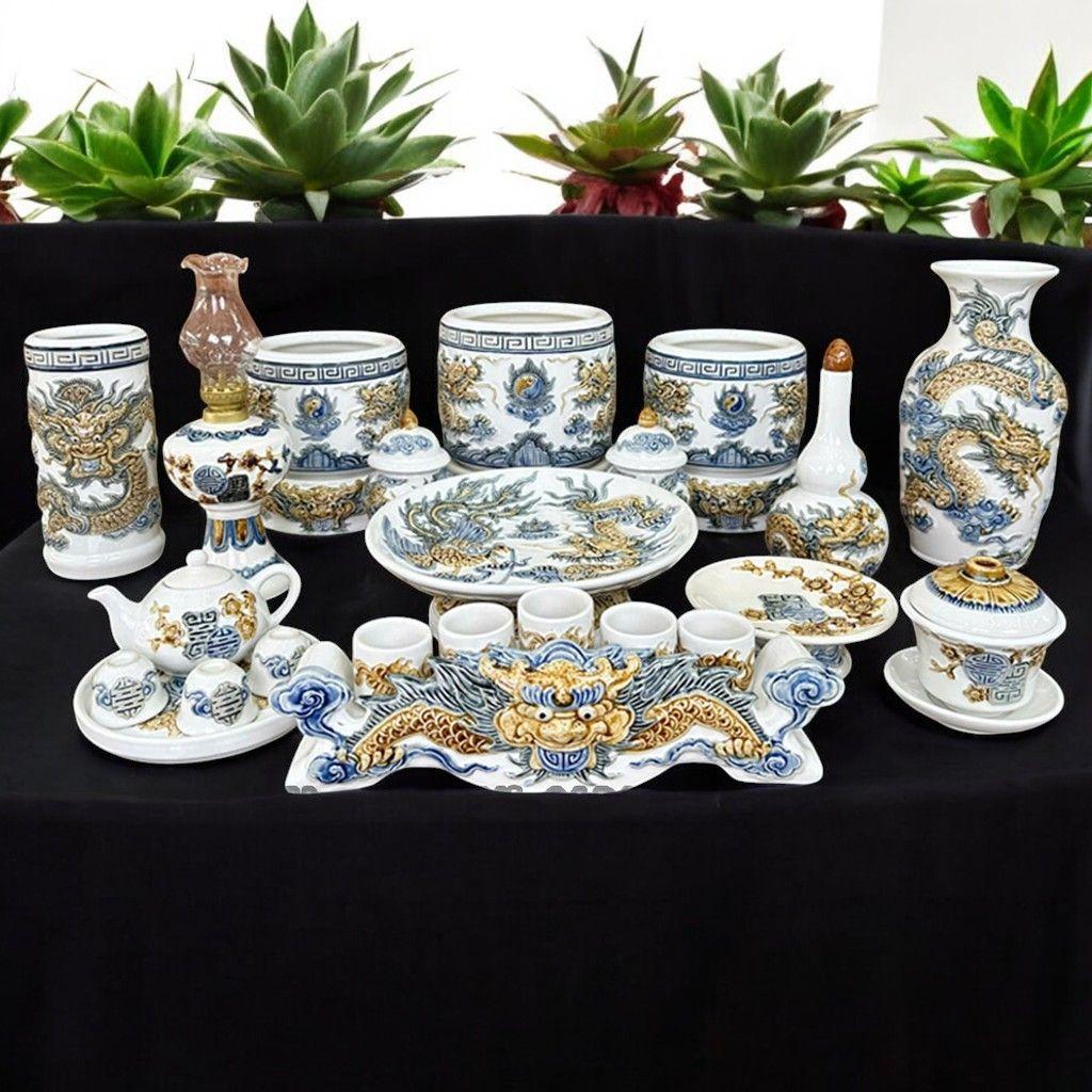 Bộ Ấm Chén Thờ RỒNG VIỆT Men Trắng Cao Cấp - Gốm Bát Tràng Họa Tiết Đào Thọ Đắp Nổi