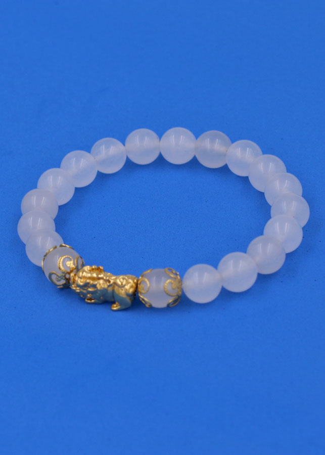 Chuỗi đeo tay Thạch Anh Trắng 8 ly - cẩn Tỳ Hưu Phong thủy inox vàng VTATTHHKV8 - hợp mệnh Kim, mệnh Thủy