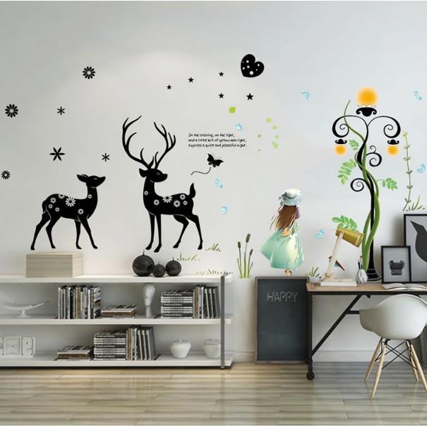 COMBO 3 DECAL GHÉP ĐÔI DÁN TƯỜNG - DÂY LỒNG CHIM KẾT HỢP CẶP NAI ĐEN VÀ BÉ GÁI ĐÁNG YÊU
