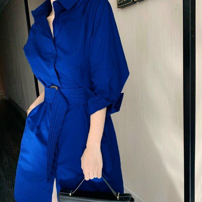 ĐẦM SUÔNG CỔ SƠ MI TAY LỠ THẮT EO