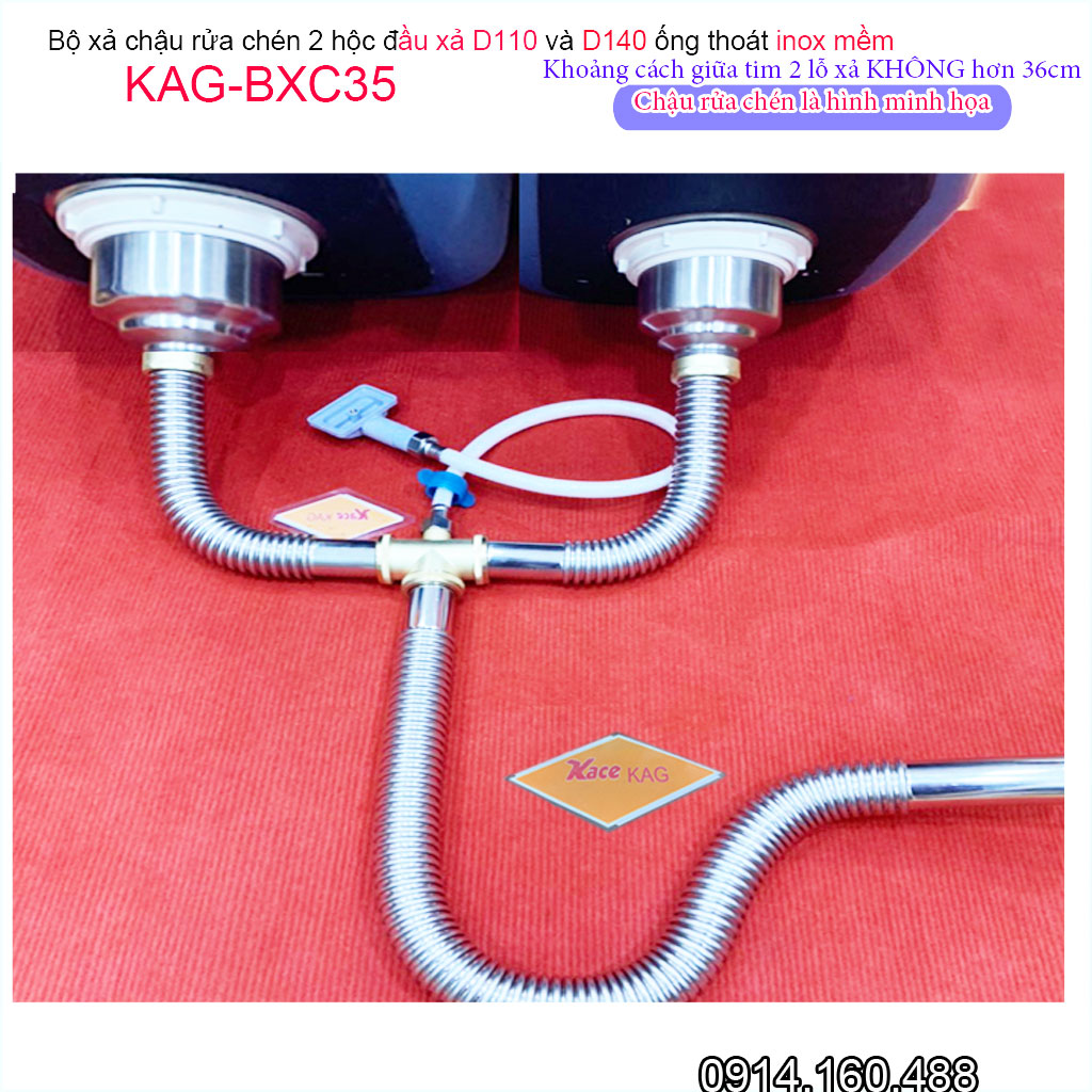 Bộ xả chậu rửa chén đôi inox 304 KAG-BXC35 chậu 1 to 1 nhỏ, bộ ống thoát bồn rửa bát 2 hố D140 và D110 chất liệu SUS304 dễ vệ sinh siêu bền sử dụng tốt