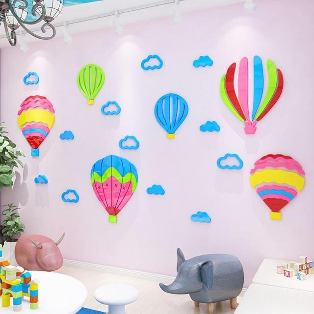 Tranh dán tường mica 3D - Khinh khí cầu, trang trí mầm non, trang trí khu vui chơi trẻ em