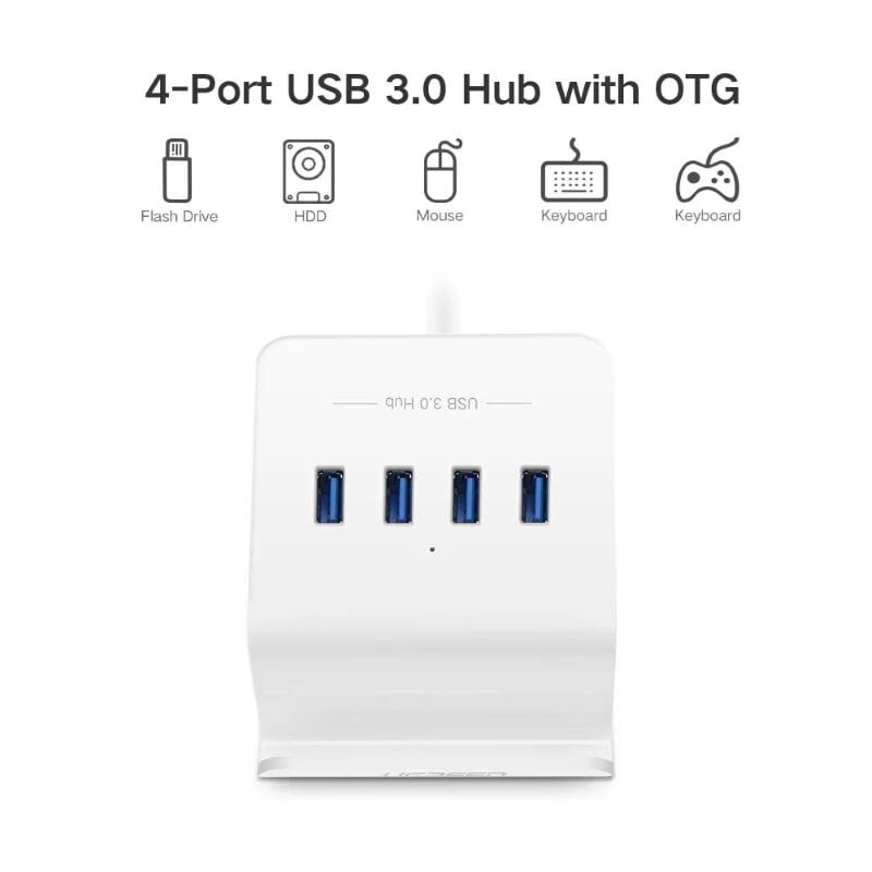 Ugreen UG20280CR109TK Màu Trắng Bộ chia HUB USB 3.0 sang 4 USB 3.0 có khay đỡ hỗ trợ OTG - HÀNG CHÍNH HÃNG