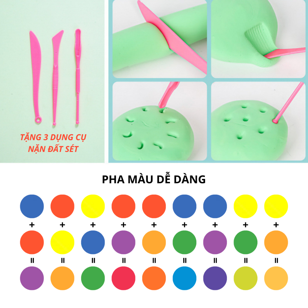 Đất sét nặn tự khô 12 màu siêu nhẹ. An toàn cho bé. Kèm dụng cụ cắt