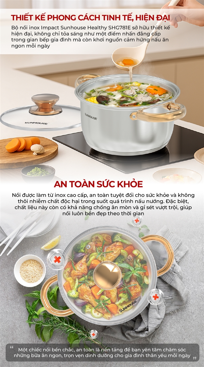 Bộ nồi inox Impact Sunhouse Healthy SHG781E -Gồm 3 nồi 16-20-24cm - Đáy phẳng hoàn hảo - Hiệu suất bắt từ 98%