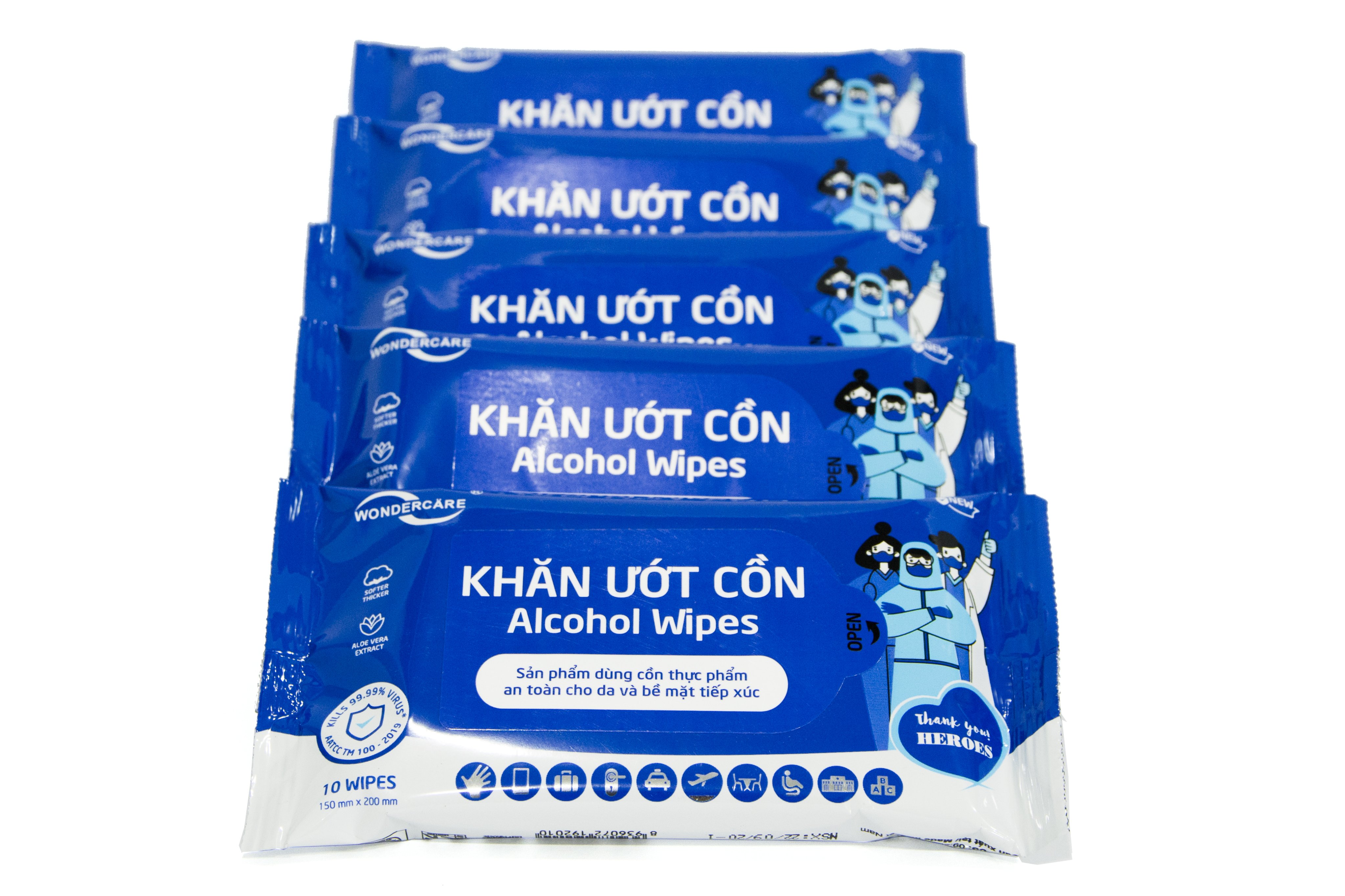 Combo 20 Gói Khăn Ướt Cồn Wondercare  Kháng khuẩn 99,9 % 10 Tờ / Gói