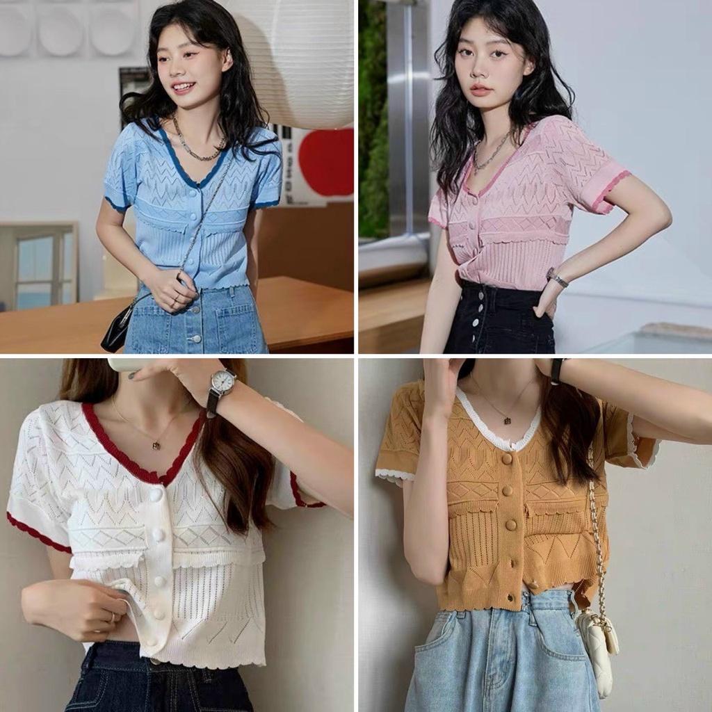 Áo len viền vân trám khuy bọc