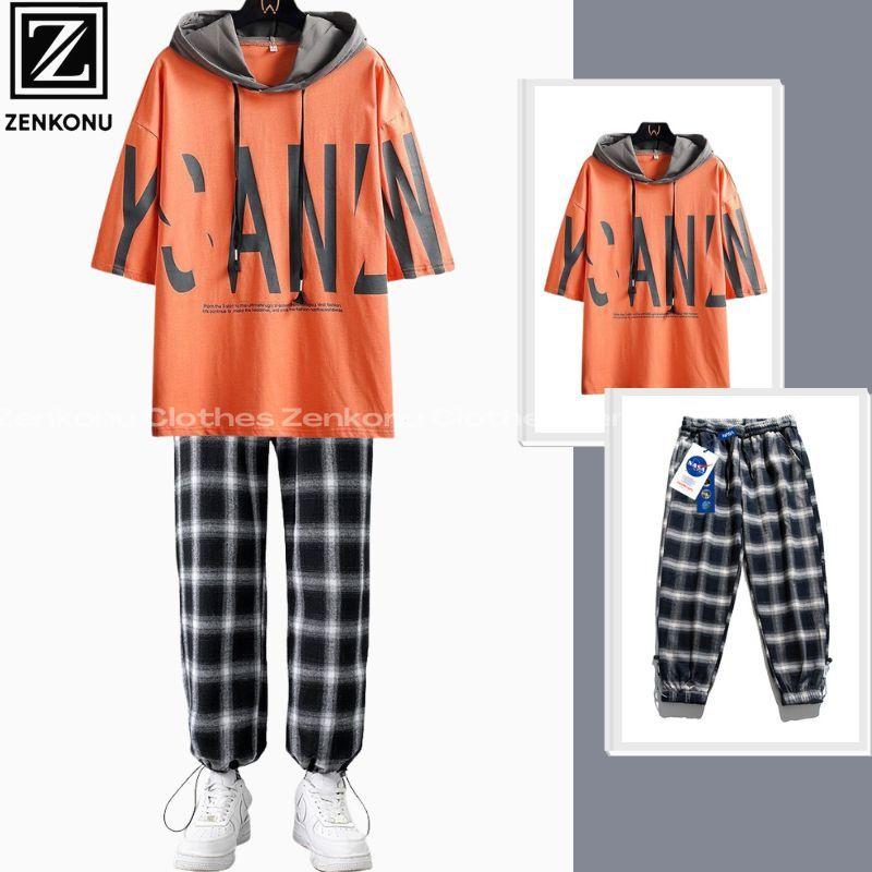 Bộ Đồ Nam Mùa Hè Áo Thun Hoodie Tay Lỡ In Chữ Lớn Quần Jogger Kẻ Caro Thời Trang Zenkonu TOP NAM 259 + QUAN NAM 137