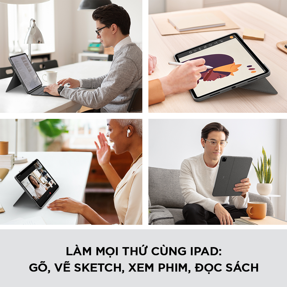 Bao da kèm bàn phím Logitech Combo Touch dành cho iPad Pro 12.9 inch (gen 5) - Bàn phím Backlit có thể tháo rời, Trackpad siêu nhạy - Hàng chính hãng