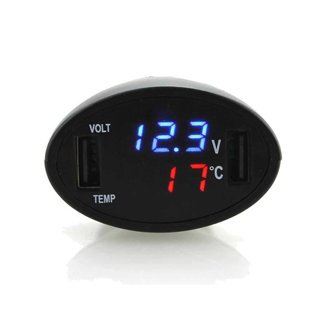 3 in 1 Car Digital LED Voltmeter Gauge +Thermometer + Dual USB Power Charger