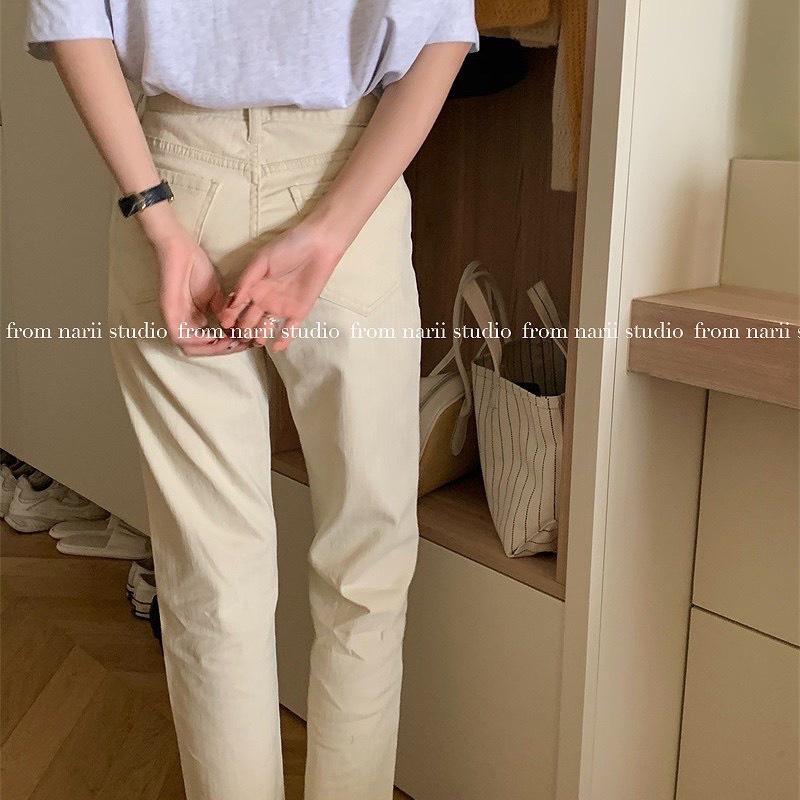 Quần jeans màu be trắng NARII quần jean nữ kaki Hàn Quốc dáng baggy