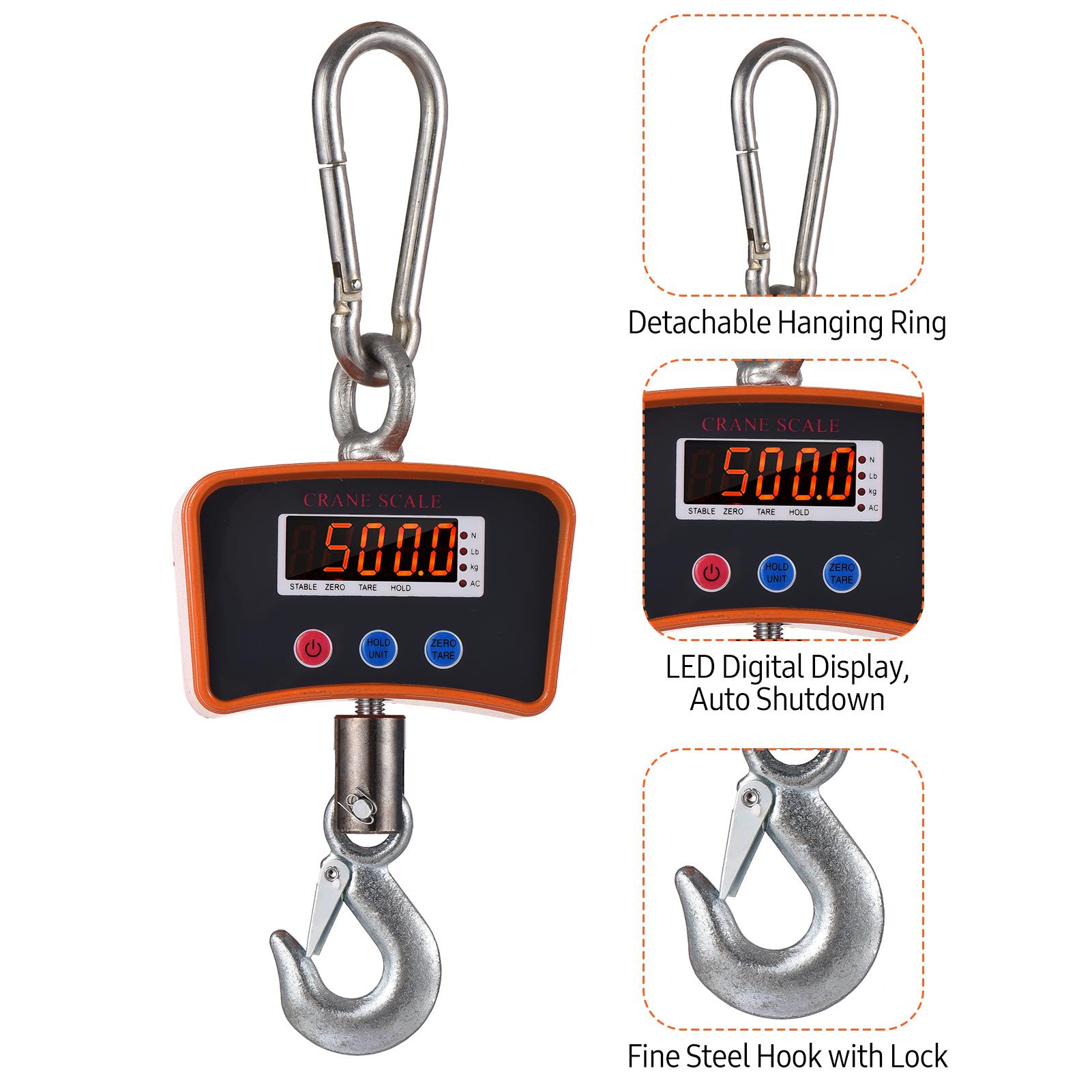 500kg/ 1102lbs Digital LED Hanging Scale Portable Heavy Duty Crane Scale 1500mAh Rechargeable Industrial Hook Scales Unit Change/ Data Hold/ Tare/ Zero for Construction Site Travel Market Fishing Outdoor Work