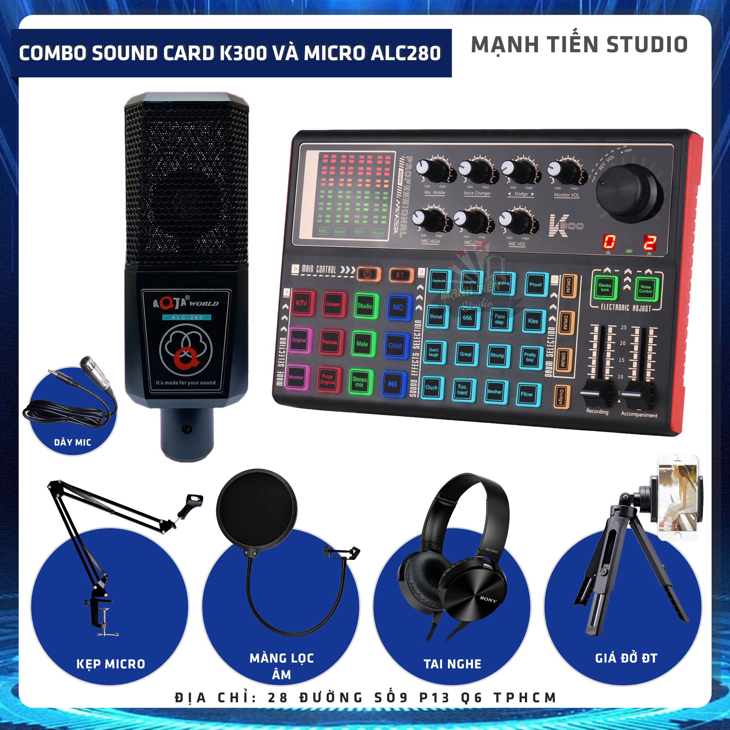 Combo thu âm, livestream Micro AQTA ALC280, Sound card K300 - Kèm full phụ kiện kẹp micro, màng lọc, tai nghe, giá đỡ ĐT - Hỗ trợ thu âm, karaoke online chuyên nghiệp - Hàng nhập khẩu