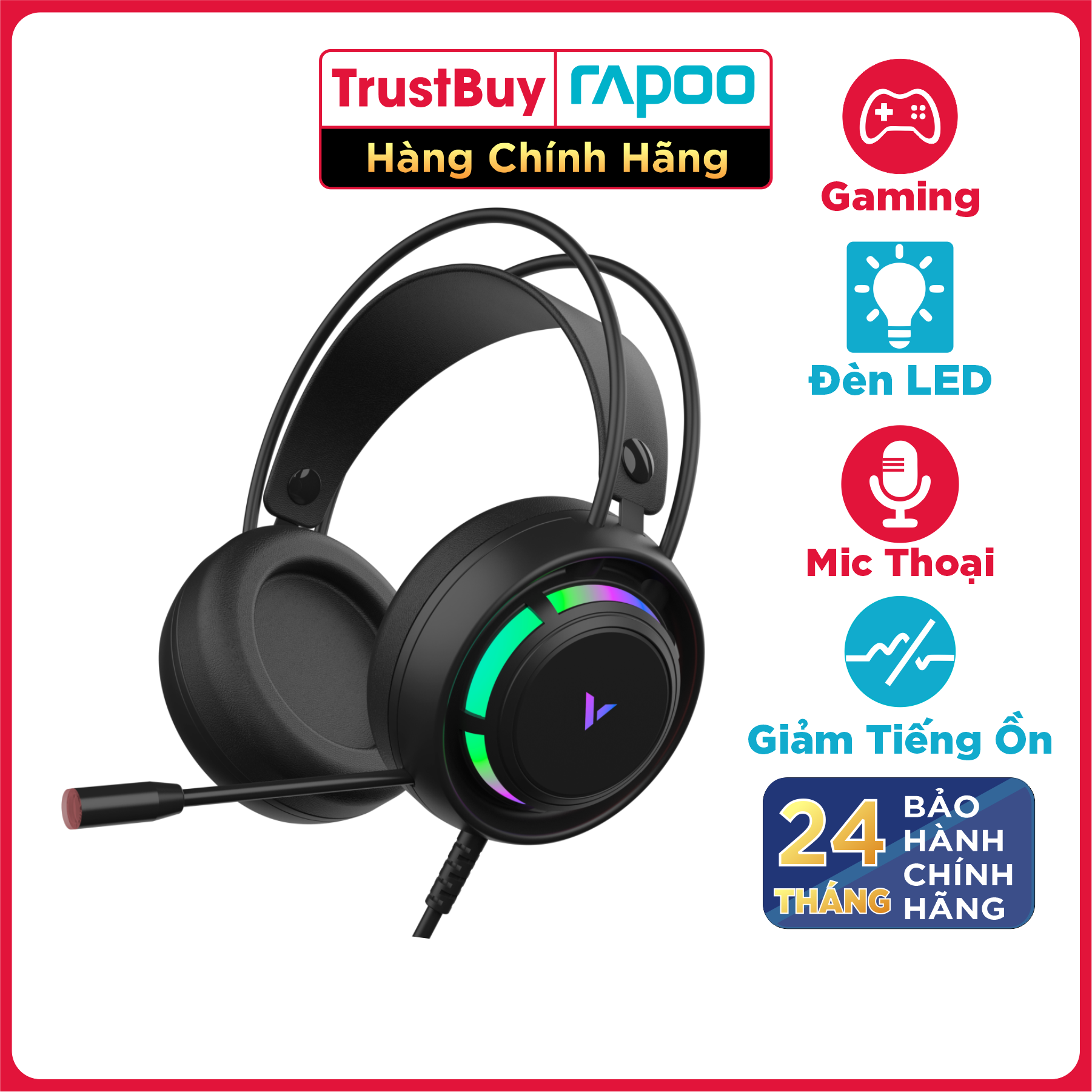 Tai Nghe Gaming Chụp Tai RAPOO VH360 Đèn LED RGB, Chống Ồn, Dây Cắm USB Dài 2M - Hàng Chính Hãng