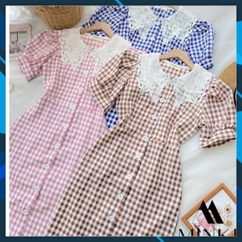 VÁY CARO CỔ REN CHO NỮ -Chất liệu Kaki Cotton nhập khẩu - Họa tiết Caro Hồng - Nâu - Xanh