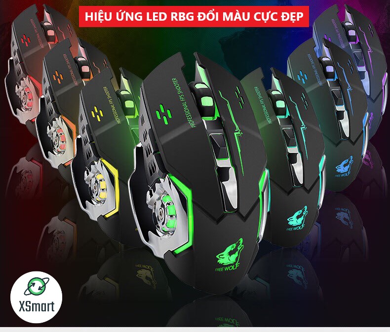 Chuột không dây chuyên GAME XSmart Wolf X8 PRO NÂNG CẤP Wireless 2.4GHz SIÊU NGẦU, Tự động đổi màu sắc - Hàng Chính Hãng