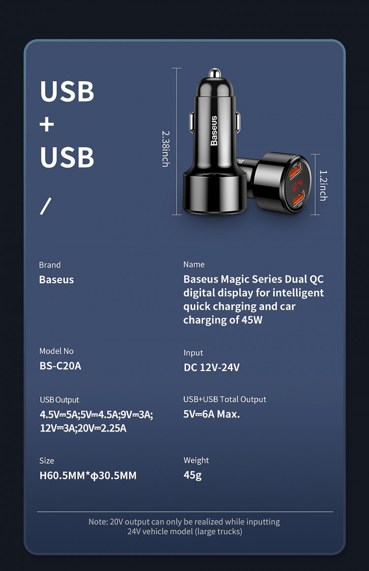Tẩu củ sạc nhanh đa năng dành cho xe hơi / ô tô 2 cổng USB hiệu Baseus Dual-USB (45W - 6A, Công nghệ sạc nhanh Quick Charge 3.0 / Quick Chagre 4.0, 2 cổng USB Car Charger) - hàng chính hãng