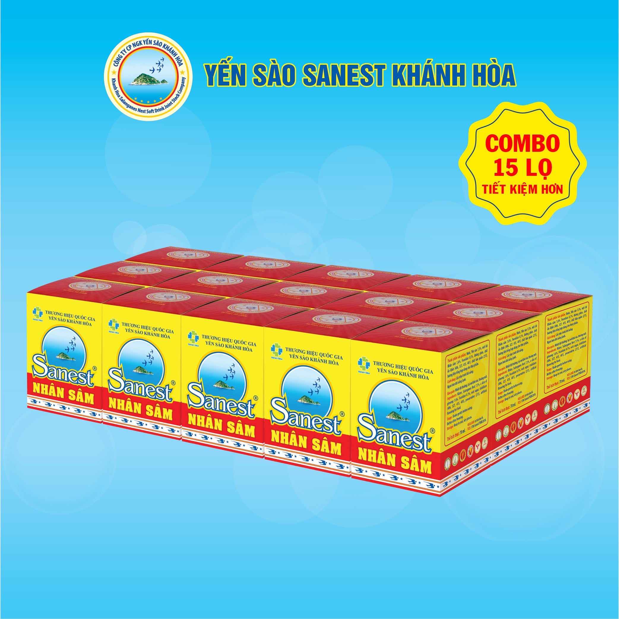 [Combo 15 lọ] Nước Yến sào Khánh Hòa Sanest Fucoidan Nhân sâm đóng lọ 70ml - 700