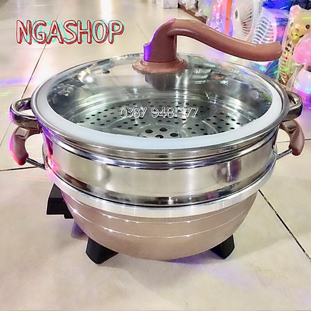 Chảo lẩu điện đa năng  7903s,nồi lẩu tròn lòng đen vân đá kèm hấp xửng 33cm