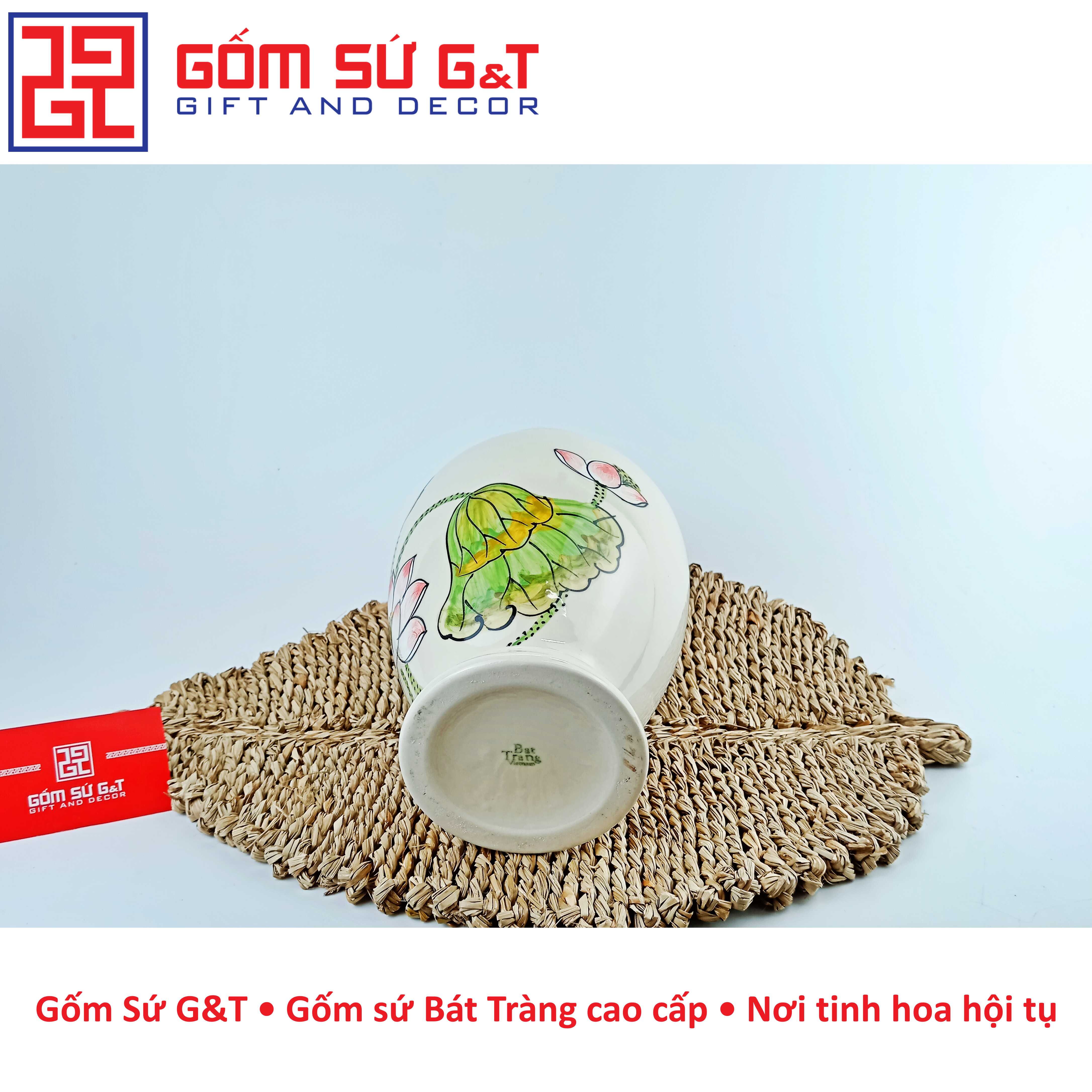 Lọ hoa dáng đùi dế vẽ sen hồng Gốm Sứ G&amp;T