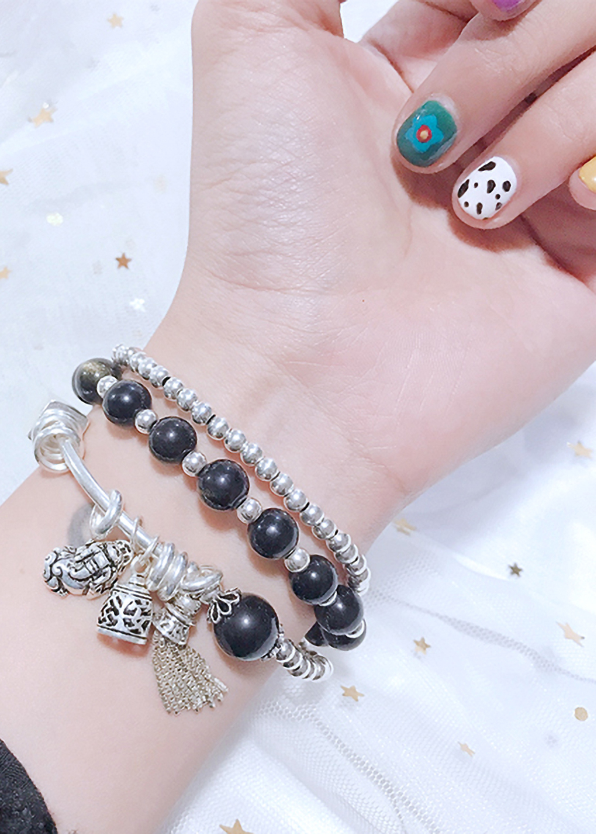 Vòng 3 line đá thạch anh tóc đen phối tỳ hưu mệnh thủy, mộc - Ngọc Quý Gemstones