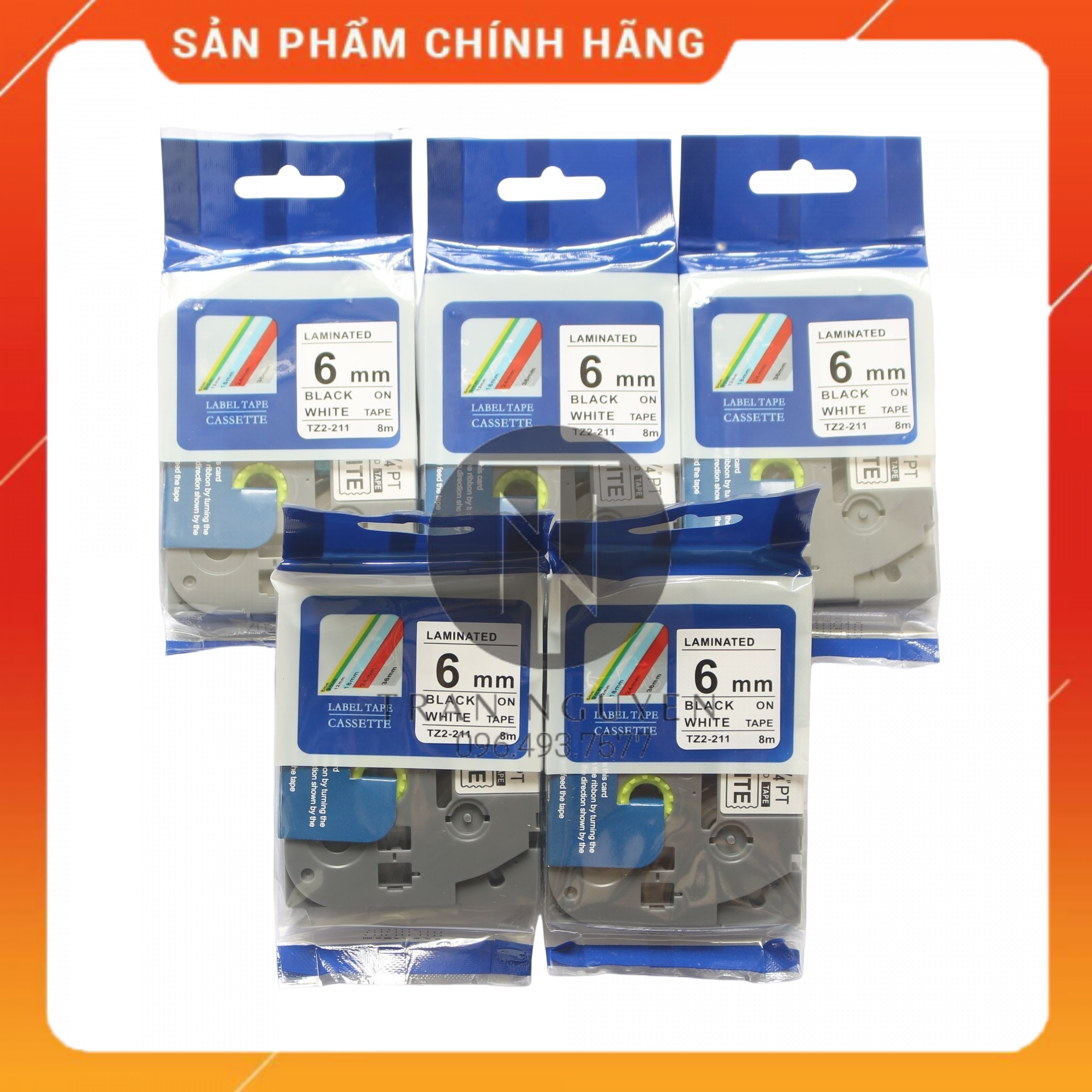 Nhãn In Brother Tz2-211 Đen nền trắng 6mm x 8m - Hàng nhập khẩu