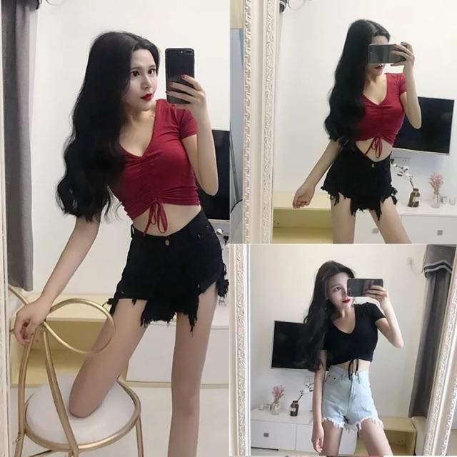 Áo Croptop Cổ Tim Rút Dây Ngực Tay Ngắn Sang Chảnh