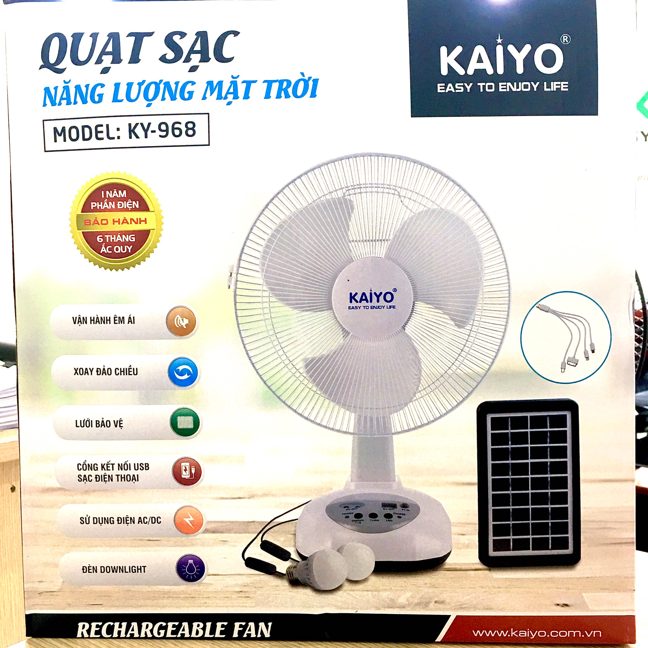 Quạt Sạc Tích Điện Kaiyo KY 968 - Trắng - Hàng chính hãng