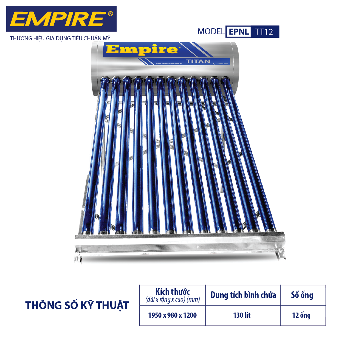 Máy nước nóng năng lượng mặt trời Empire Titan EPNL TT 130 lít-hàng chính hãng