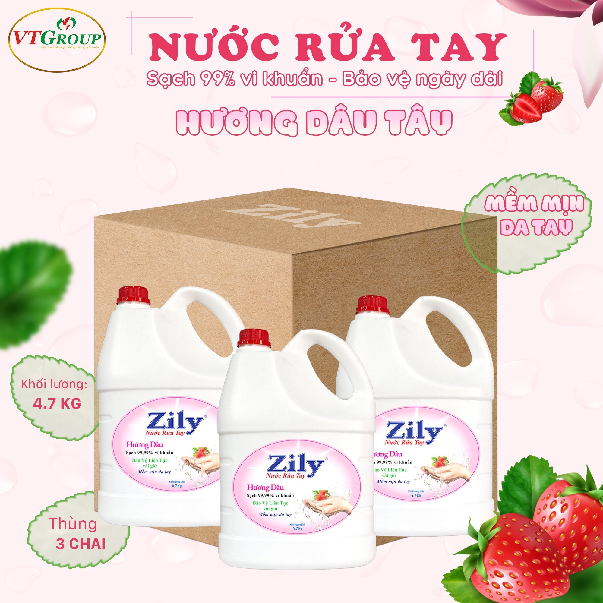 Nước rửa tay Zily Dâu Tây - 4.7Kg ( 3 chai/ thùng )