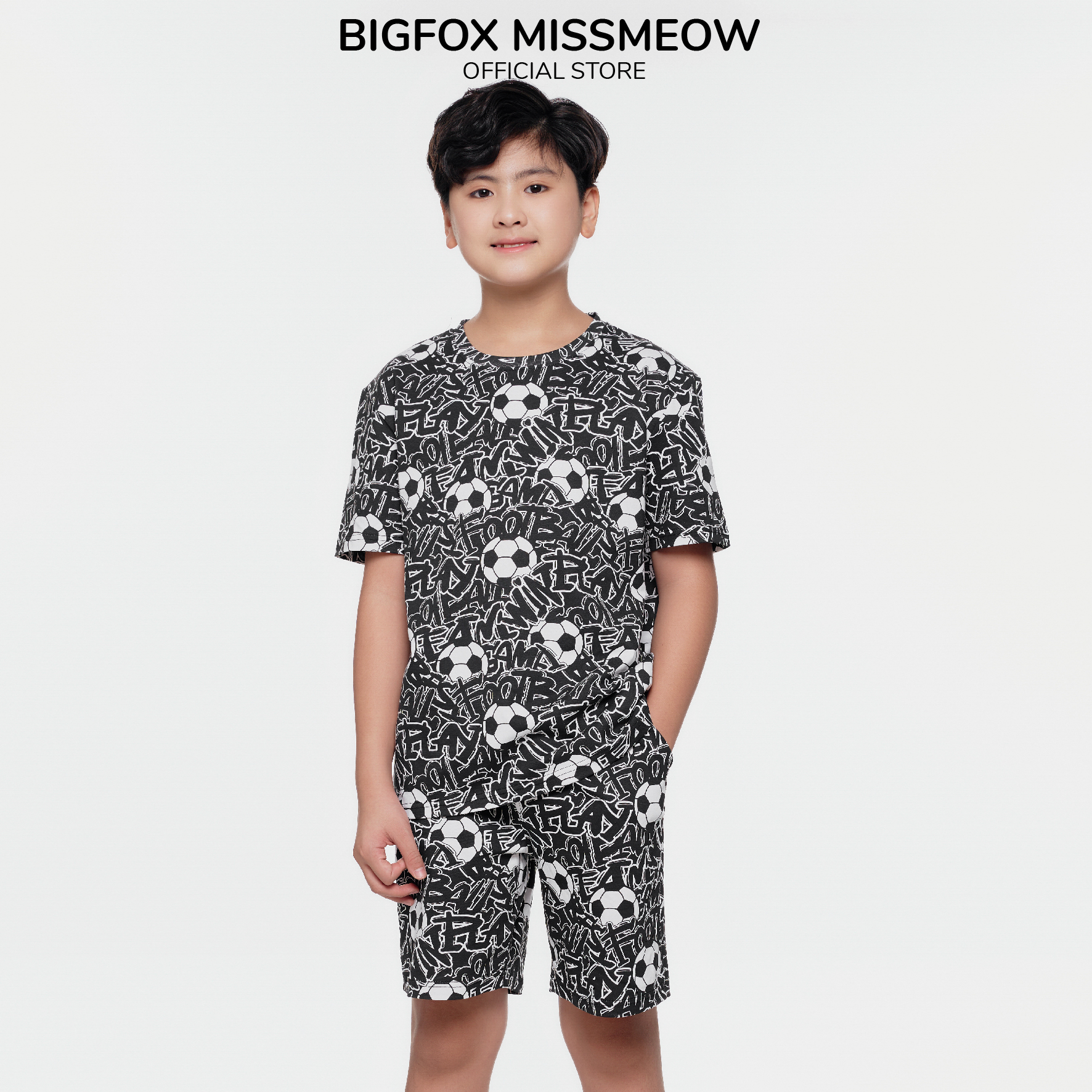 Bộ cộc tay bé trai size đại Bigfox Miss Meow chất cotton in bóng đá cỡ 12,13,14,15 tuổi 40kg 50kg