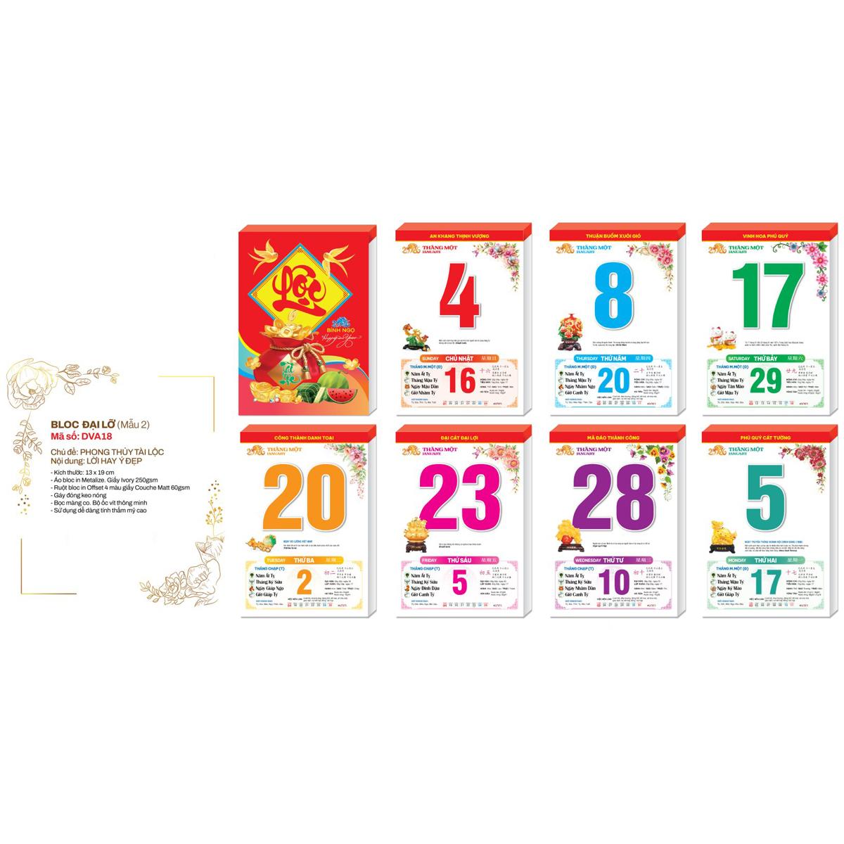 Lịch Bloc Đại Lỡ 2026 - Phong Thủy Tài Lộc - Lời Hay Ý Đẹp - Đại Việt Á DVA18
