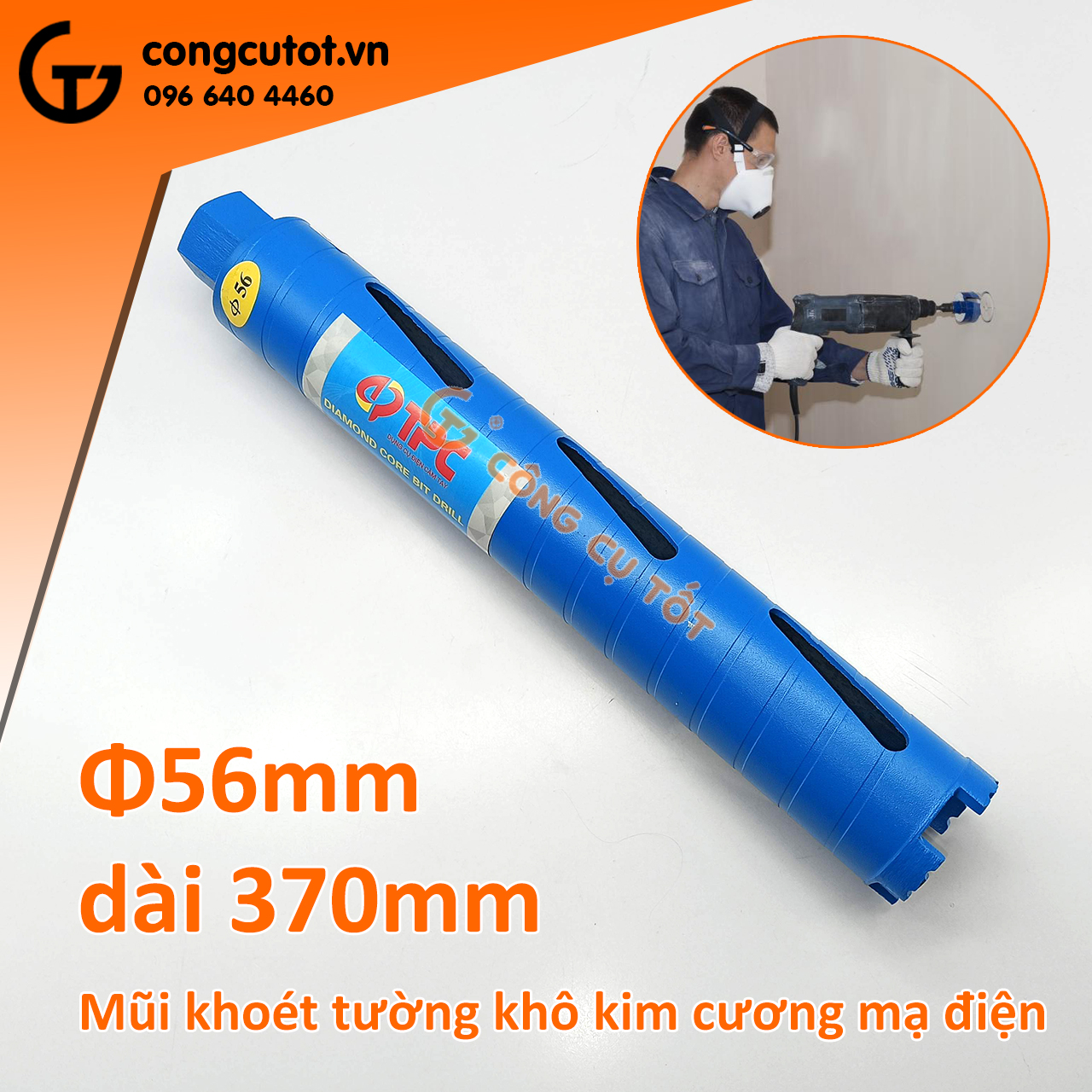 Mũi khoét tường khô kim cương mạ điện ren nối M22 Ø56 x 370mm